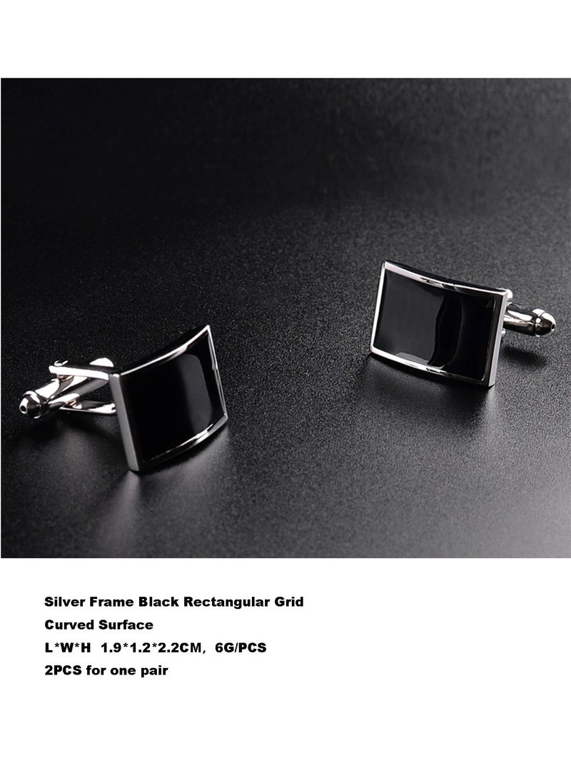 Silver Frame Black Rectangular Grid Cufflinks, Curved Surface Cufflink, 1 Pair Alloy Jewelry Specially Design for Men's Shirt Wedding Business Gift with Delicate Package Box  - Image 2