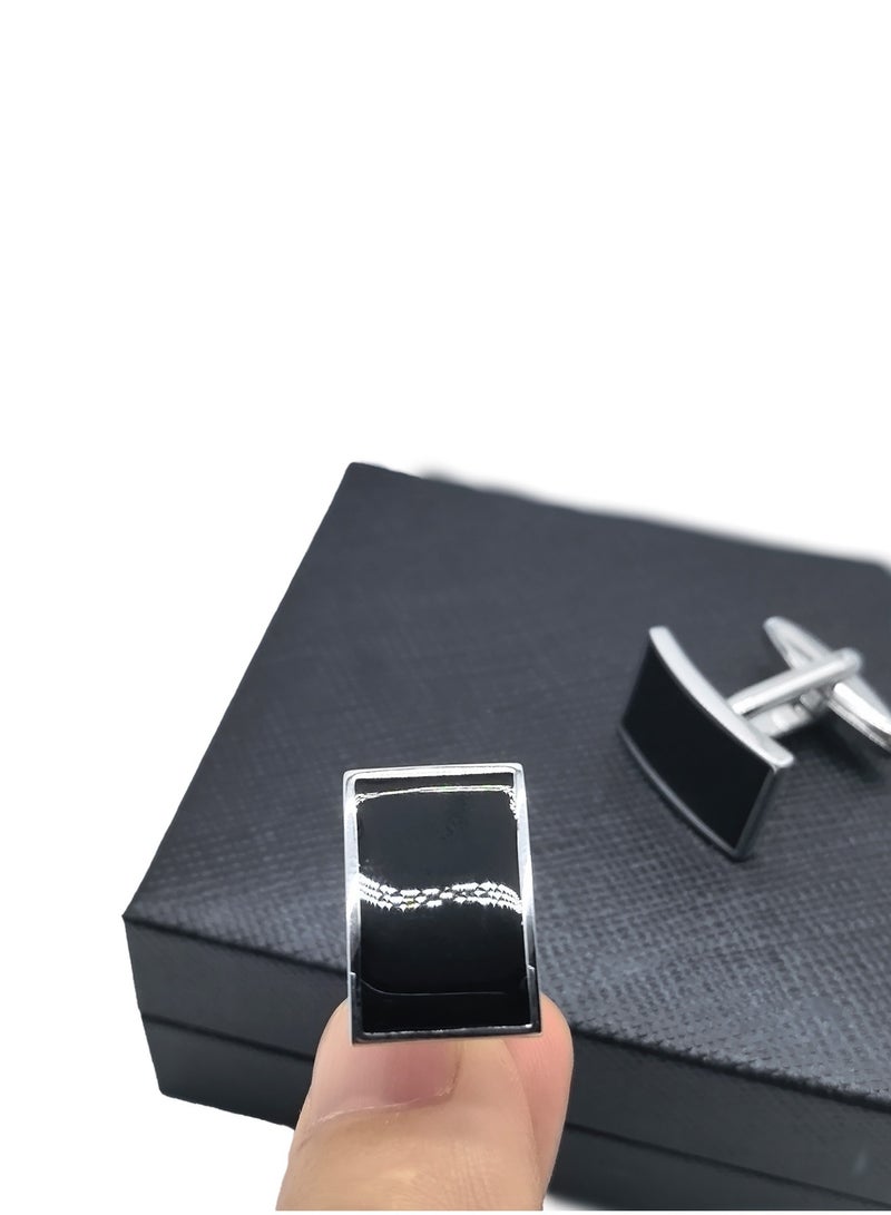 Silver Frame Black Rectangular Grid Cufflinks, Curved Surface Cufflink, 1 Pair Alloy Jewelry Specially Design for Men's Shirt Wedding Business Gift with Delicate Package Box  - Image 3