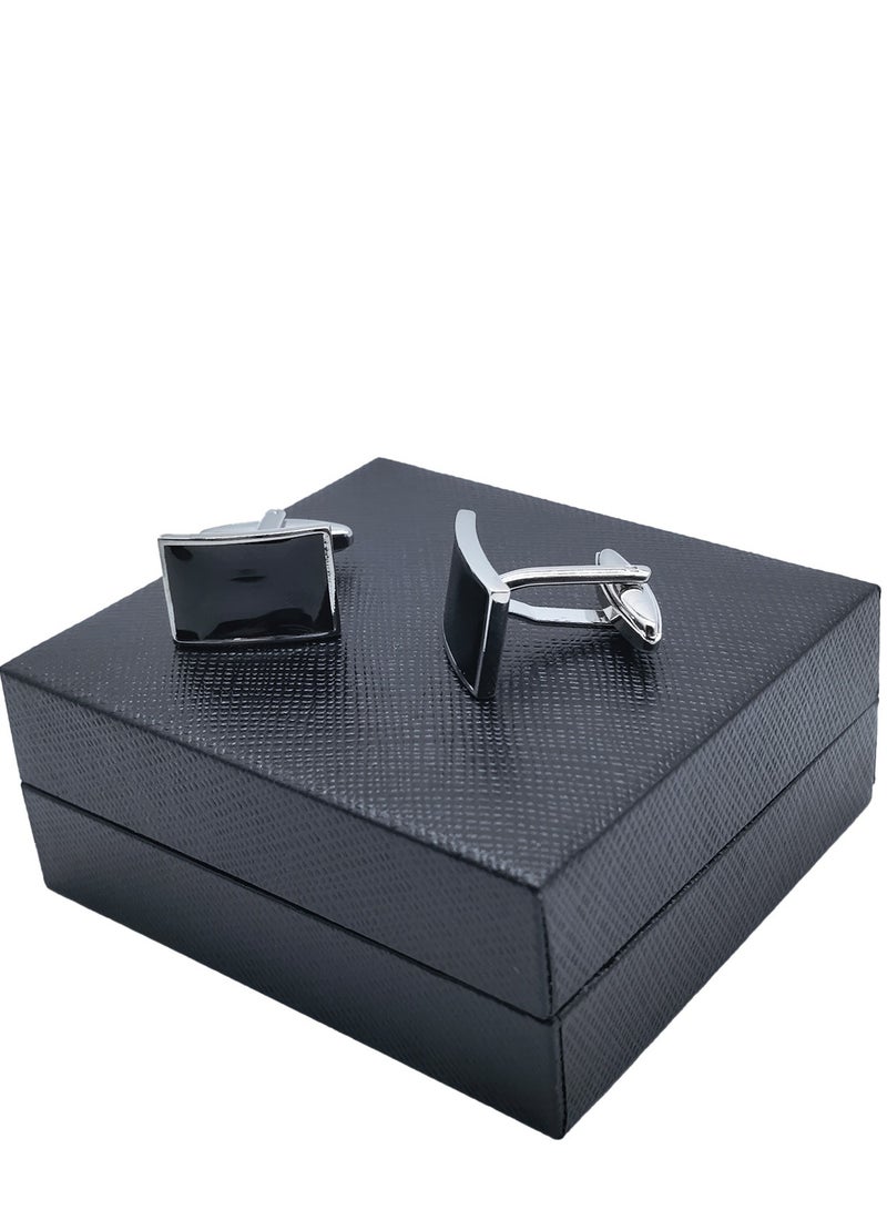 Silver Frame Black Rectangular Grid Cufflinks, Curved Surface Cufflink, 1 Pair Alloy Jewelry Specially Design for Men's Shirt Wedding Business Gift with Delicate Package Box  - Image 4