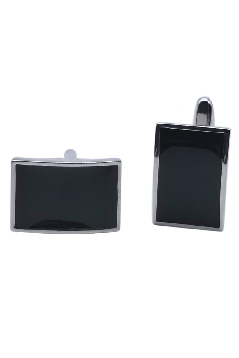 Silver Frame Black Rectangular Grid Cufflinks, Curved Surface Cufflink, 1 Pair Alloy Jewelry Specially Design for Men's Shirt Wedding Business Gift with Delicate Package Box  - Image 1