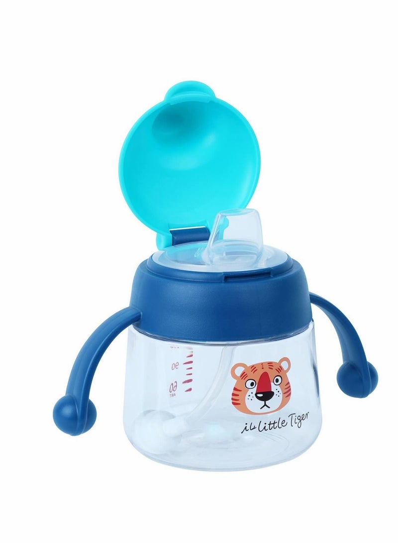 Sippy Cups for Baby 6+ Months, 180ML Toddler Bottles, Spill-Proof Transition Learner Infant 6-24 Month, Clear Scale Trainer Cup with Weighted Straw Cover (Blue Tiger) - Image 1