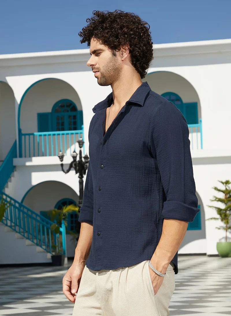 كامبوس سوترا Men's Prussian Blue Breezy-Weave Shirt