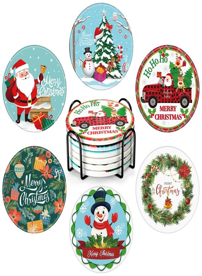 Suttmin 6 Pcs Christmas Coasters with Holder Ceramic Absorbent Holiday Coaster for Housewarming Home Decoration Coffee Table Protection(Santa) - Image 1