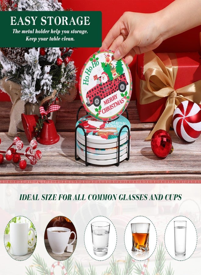 Suttmin 6 Pcs Christmas Coasters with Holder Ceramic Absorbent Holiday Coaster for Housewarming Home Decoration Coffee Table Protection(Santa) - Image 3