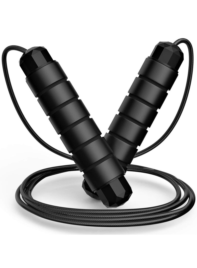 VIUAUAX حبل قفز، حبل قفز للكبار مزود بكرات، مناسب للنساء والرجال والأطفال، حبل قفز فولاذي سريع قابل للتعديل، كابل قفز سريع مانع للتشابك مزود بكرات، مناسب للنساء والرجال والأطفال، مقابض إسفنجية قابلة للتعديل، حبال قفز فولاذية للياقة البدنية، لون أسود. - Image 1