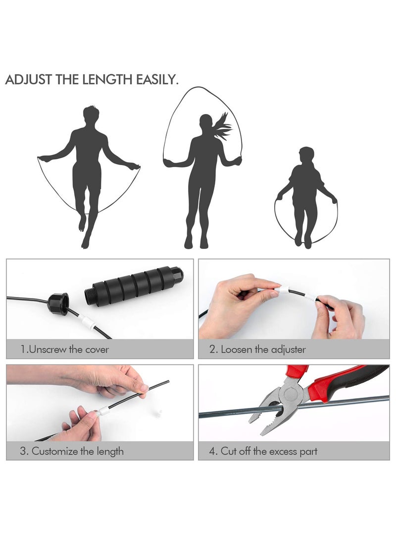 VIUAUAX حبل قفز، حبل قفز للكبار مزود بكرات، مناسب للنساء والرجال والأطفال، حبل قفز فولاذي سريع قابل للتعديل، كابل قفز سريع مانع للتشابك مزود بكرات، مناسب للنساء والرجال والأطفال، مقابض إسفنجية قابلة للتعديل، حبال قفز فولاذية للياقة البدنية، لون أسود. - Image 4