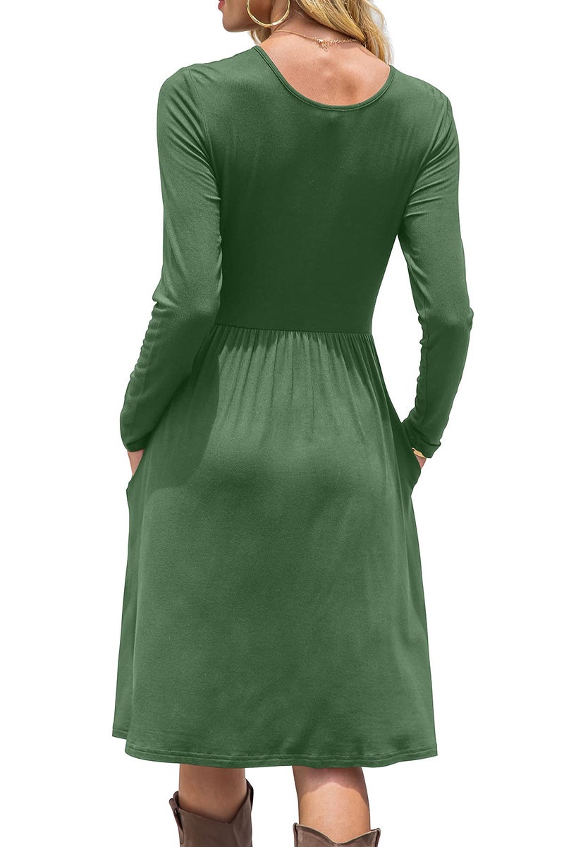 DB MOON Women Casual Long Sleeve Dresses Empire Waist Loose Dress with Pockets (Army Green, 2XL) - Image 2