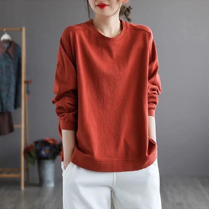 Spring and Autumn New All-match Classic Solid Color Sweatshirt Loose Pullover T-shirt Womens Shoulder Stitching Slimming Simple Long Sleeve Yellow - Image 2