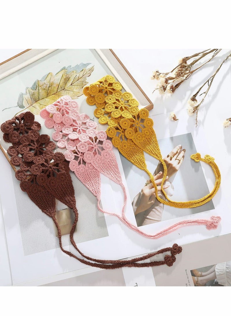 إسكدنيا Crochet Headband Women Floral Hairband - 3PCS Daisy Elastic Handmade Head Wrap Bohemian knit for and Girls(Dark coffee + Pink Turmeric) - Image 4