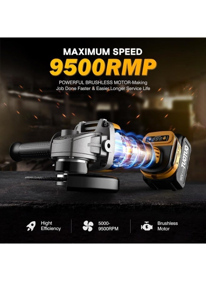 TUOTUO Cordless angle grinder 4-1/2 inch (approx. 11.4 cm) brushless battery-powered grinding tool with 2 x 98V batteries and a safety lock. Electric grinding tool for cutting, grinding, polishing, and rust removal. - Image 4