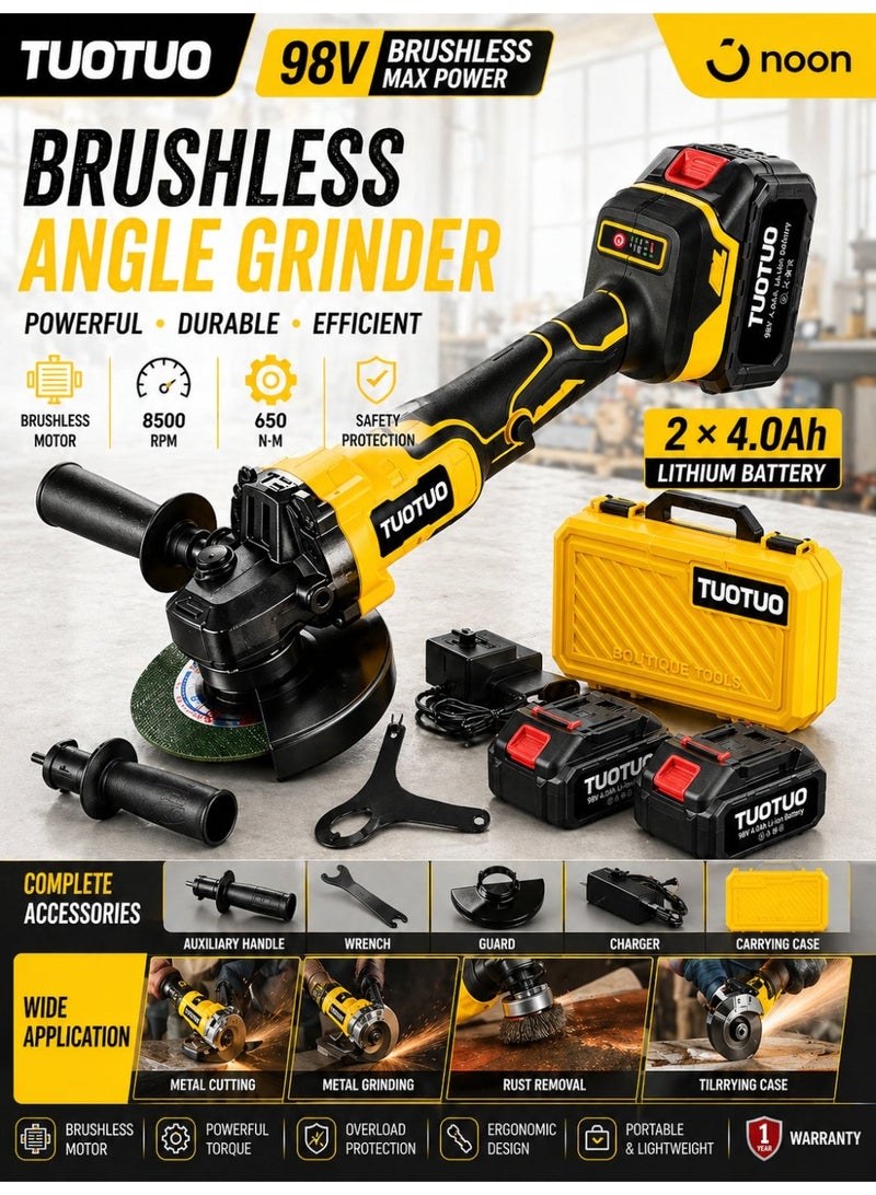 TUOTUO Cordless angle grinder 4-1/2 inch (approx. 11.4 cm) brushless battery-powered grinding tool with 2 x 98V batteries and a safety lock. Electric grinding tool for cutting, grinding, polishing, and rust removal. - Image 1