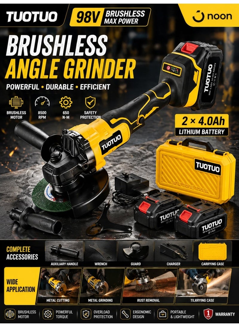 TUOTUO Cordless angle grinder 4-1/2 inch (approx. 11.4 cm) brushless battery-powered grinding tool with 2 x 98V batteries and a safety lock. Electric grinding tool for cutting, grinding, polishing, and rust removal. - Image 2