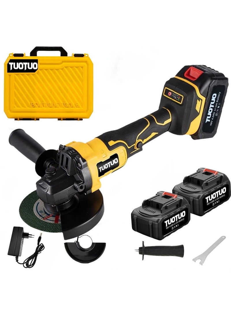 TUOTUO Cordless angle grinder 4-1/2 inch (approx. 11.4 cm) brushless battery-powered grinding tool with 2 x 98V batteries and a safety lock. Electric grinding tool for cutting, grinding, polishing, and rust removal. - Image 3