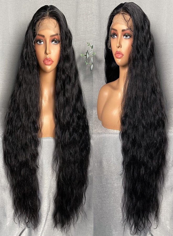 SOKU 13x6 Lace Frontal Water Wave Wigs with Baby Hair Natural Black 34 Inch Long Synthetic Hair Pre-plucked Free Part Transparent Swiss Lace Front Wavy Wigs for Women - Image 5