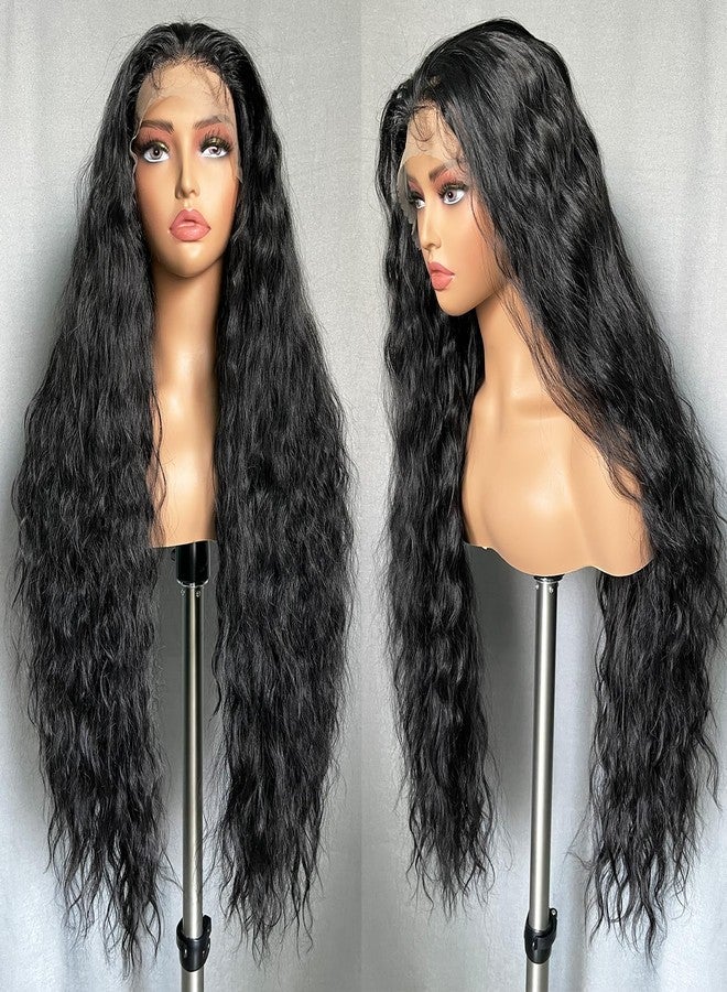 SOKU 13x6 Lace Frontal Water Wave Wigs with Baby Hair Natural Black 34 Inch Long Synthetic Hair Pre-plucked Free Part Transparent Swiss Lace Front Wavy Wigs for Women - Image 1
