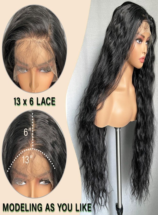 SOKU 13x6 Lace Frontal Water Wave Wigs with Baby Hair Natural Black 34 Inch Long Synthetic Hair Pre-plucked Free Part Transparent Swiss Lace Front Wavy Wigs for Women - Image 2