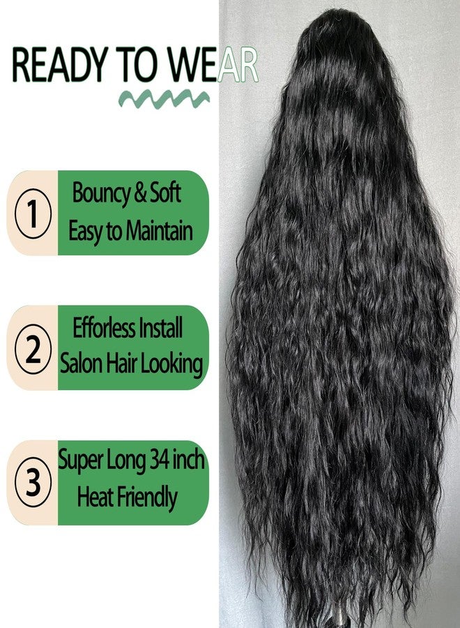 SOKU 13x6 Lace Frontal Water Wave Wigs with Baby Hair Natural Black 34 Inch Long Synthetic Hair Pre-plucked Free Part Transparent Swiss Lace Front Wavy Wigs for Women - Image 3
