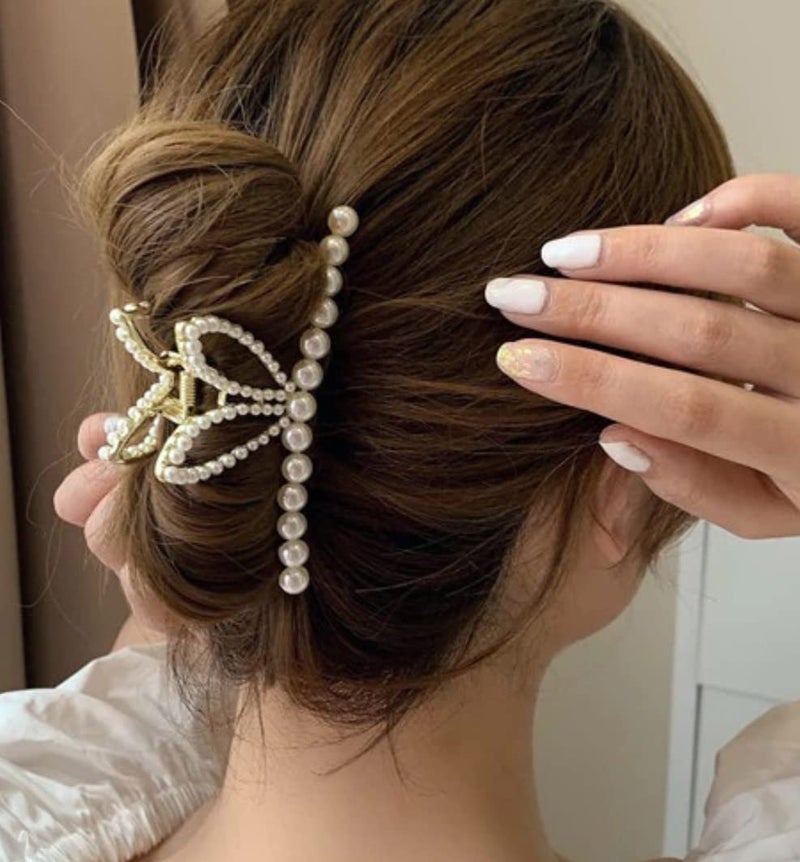 Fabula by OOMPH Jewellery Jewellry Gold Tone White Pearls Bow Design Large Big Hair Clip Hair Claw for Women & Girls Stylish Latest - Image 4