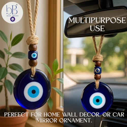 BLUE BEADS Evil Eye Hanging for Home & Car | Nazar Suraksha Blue Glass Decor with Rope & Beads | Good Luck Protection Charm | Door Wall Hanging | Spiritual Gift Item (Evil Eye 5) - Image 3