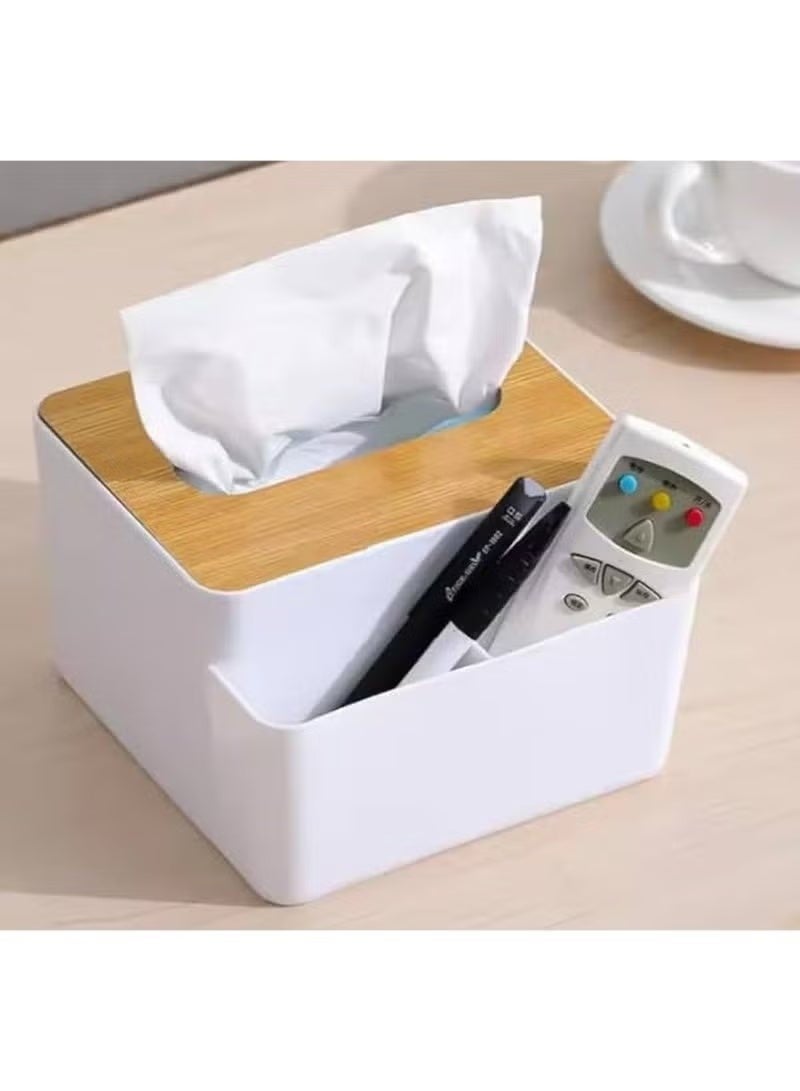 Decorative Plastic Tissue Box with Wooden Lid, 2-Compartment Tissue Box Organizer for Living Room and Office, Multi-Purpose Tissue Holder with Storage for Remote Controls, Pens and Accessories, Lightweight Tabletop Organizer for Bathroom, Bedroom, Desk and Coffee Table - Image 1