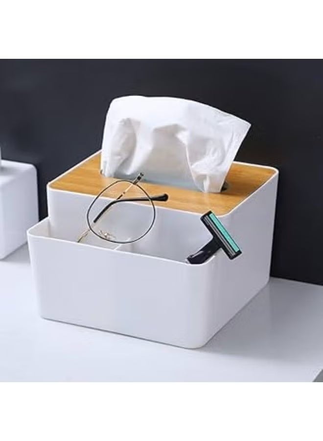 Decorative Plastic Tissue Box with Wooden Lid, 2-Compartment Tissue Box Organizer for Living Room and Office, Multi-Purpose Tissue Holder with Storage for Remote Controls, Pens and Accessories, Lightweight Tabletop Organizer for Bathroom, Bedroom, Desk and Coffee Table - Image 2