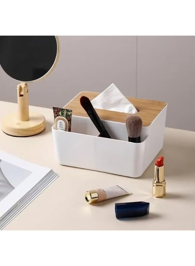 Decorative Plastic Tissue Box with Wooden Lid, 2-Compartment Tissue Box Organizer for Living Room and Office, Multi-Purpose Tissue Holder with Storage for Remote Controls, Pens and Accessories, Lightweight Tabletop Organizer for Bathroom, Bedroom, Desk and Coffee Table - Image 3