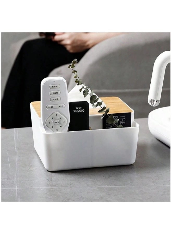 Decorative Plastic Tissue Box with Wooden Lid, 2-Compartment Tissue Box Organizer for Living Room and Office, Multi-Purpose Tissue Holder with Storage for Remote Controls, Pens and Accessories, Lightweight Tabletop Organizer for Bathroom, Bedroom, Desk and Coffee Table - Image 5
