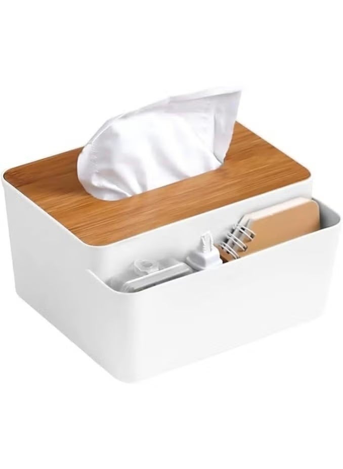 Decorative Plastic Tissue Box with Wooden Lid, 2-Compartment Tissue Box Organizer for Living Room and Office, Multi-Purpose Tissue Holder with Storage for Remote Controls, Pens and Accessories, Lightweight Tabletop Organizer for Bathroom, Bedroom, Desk and Coffee Table - Image 4