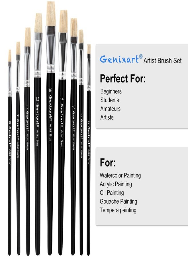 Genixart Acrylic Oil Watercolor Paint Brush Set, 9pcs Flat Paintbrushes for Art Painting, 100% Natural White Hog Bristle Artist Paint Brushes for Students Adults (Black Handle) - Image 3
