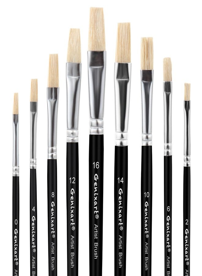 Genixart Acrylic Oil Watercolor Paint Brush Set, 9pcs Flat Paintbrushes for Art Painting, 100% Natural White Hog Bristle Artist Paint Brushes for Students Adults (Black Handle) - Image 1