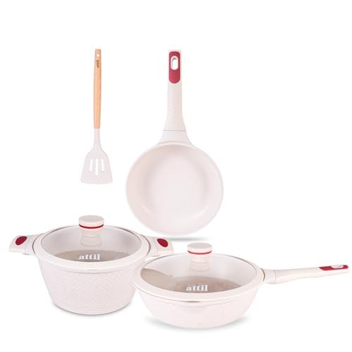 ATTIL - Aluminium - Non Stick 6 Pcs Cookware Set - Induction Cookware Set of 3 (Frying Pan 24Cm, Wok Pan 28Cm and Handi 24Cm) - Non Stick Cooking Set - Granite White - Image 1