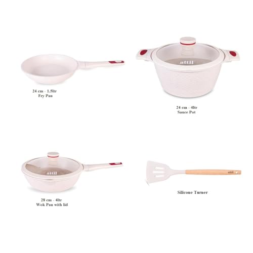 ATTIL - Aluminium - Non Stick 6 Pcs Cookware Set - Induction Cookware Set of 3 (Frying Pan 24Cm, Wok Pan 28Cm and Handi 24Cm) - Non Stick Cooking Set - Granite White - Image 3
