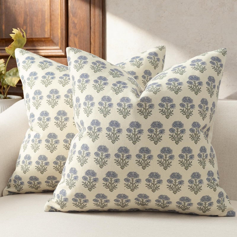 DKwizme Farmhouse Floral Pillow Covers 18x18 Set of 2 Country Botanical Throw Pillow Cover for Sofa Couch Bed Living Room Rustic Vintage Flower Cushion Covers Cottage Home DecorDusty Blue - Image 2