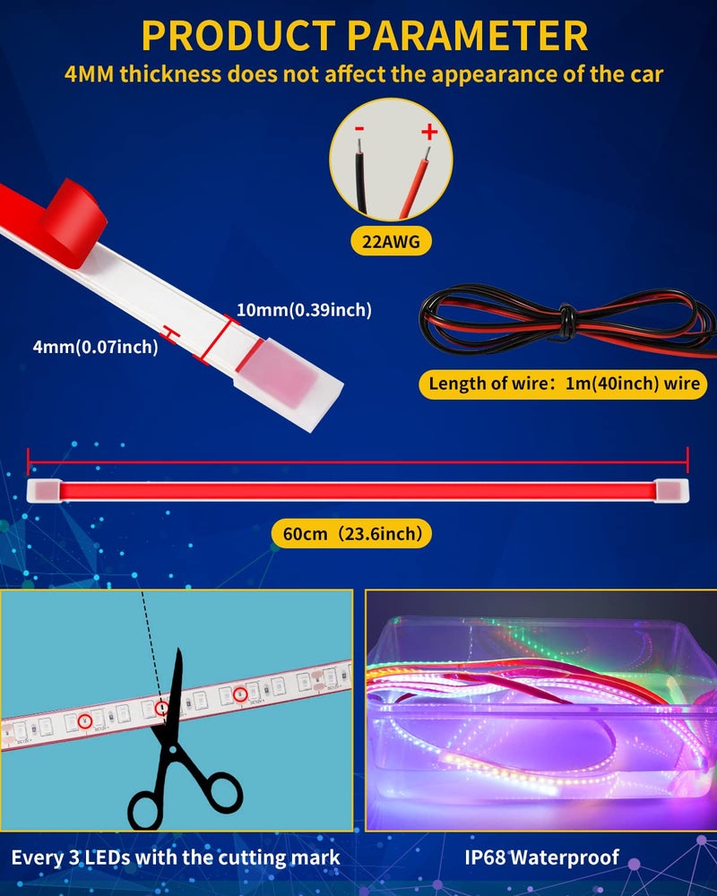 DUOFU365 Blue Led Strip Lights,24inch 12V Car LED Strip Light IP68 Waterproof Cuttable for Car Motorcycles Boat Golf Cart Truck Cargo Home Decoration with Strong Nano Tape,(4PCS) - Image 4