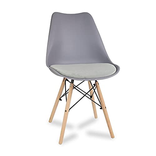Finch Fox Eames Replica Nordan DSW Stylish Modern Plastic Dining Chair on Beech Wooden Legs with Grey Shell Grey Velvet Fabric Cushion Color