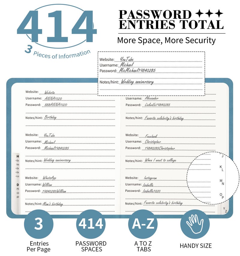 ALKALO Password Book with Alphabetical Tabs, 4.5"x5.9"Small Pocket Password Keeper Book, 160 Pages/100GSM Hardcover Notebook, Password Organizer for Internet Website Address Login - Image 2