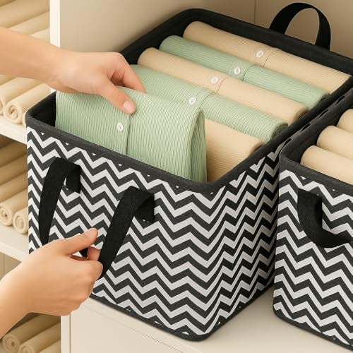 PulGos 4 Pieces Foldable Wardrobe organizer for Clothes Storage Baskets Fabric Storage Box with Handles Closet Drawer Organizers Shelf Basket for Storage Clothes Pants Jeans Toys-Black. - Image 2