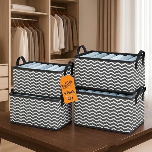 PulGos 4 Pieces Foldable Wardrobe organizer for Clothes Storage Baskets Fabric Storage Box with Handles Closet Drawer Organizers Shelf Basket for Storage Clothes Pants Jeans Toys-Black. - Image 1