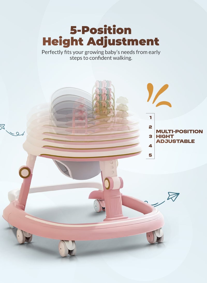 بيبي مشاية أطفال بيتاليا ٢ في ١ قابلة للطي مع ٥ ارتفاعات قابلة للتعديل، وقضيب دفع، وقضيب ألعاب موسيقية | مشاية أنشطة للأطفال الصغار | مشاية دفع للأولاد والبنات من ٦ إلى ١٨ شهرًا، لون وردي - Image 5