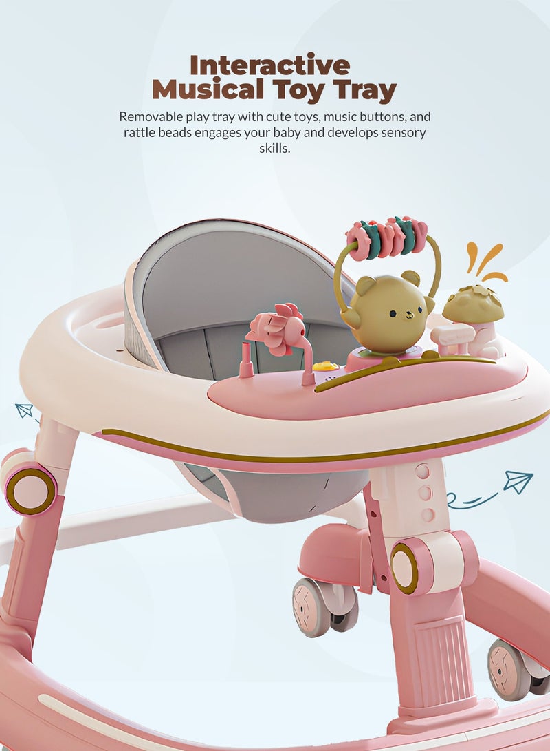 بيبي مشاية أطفال بيتاليا ٢ في ١ قابلة للطي مع ٥ ارتفاعات قابلة للتعديل، وقضيب دفع، وقضيب ألعاب موسيقية | مشاية أنشطة للأطفال الصغار | مشاية دفع للأولاد والبنات من ٦ إلى ١٨ شهرًا، لون وردي - Image 4