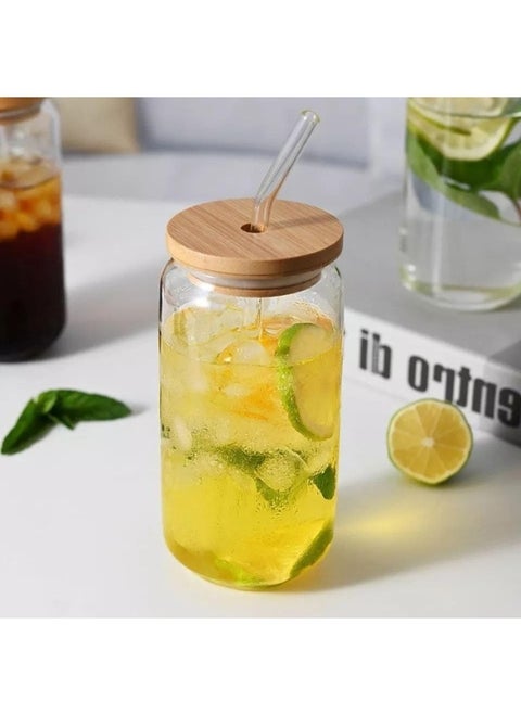 Glass Cup with Straw for Cold Drinks and Juices with Wooden Lid 400ml - Clear