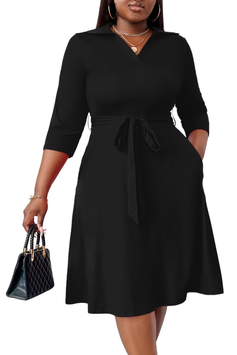 FANDEE Plus Size Midi Dress for Women - Printing Summer Dresses for Wedding Guest Cocktail Party 3/4 Sleeve V Neck Black 2XL - Image 1