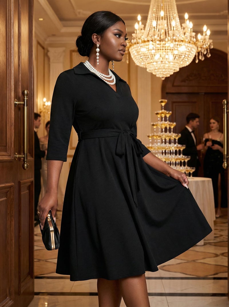 FANDEE Plus Size Midi Dress for Women - Printing Summer Dresses for Wedding Guest Cocktail Party 3/4 Sleeve V Neck Black 2XL - Image 5