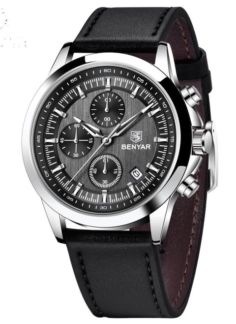 Watches for Men Luxury Quartz Water Resistant Watch Men's Chronograph Genuine Leather Strap 5210 Black