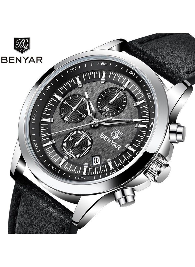 BENYAR Watches for Men Luxury Quartz Water Resistant Watch Men's Chronograph Genuine Leather Strap 5210 Black  - Image 2