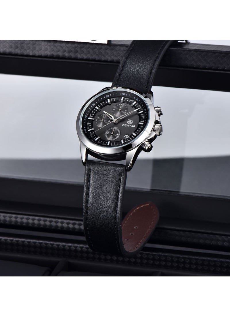 BENYAR Watches for Men Luxury Quartz Water Resistant Watch Men's Chronograph Genuine Leather Strap 5210 Black  - Image 4
