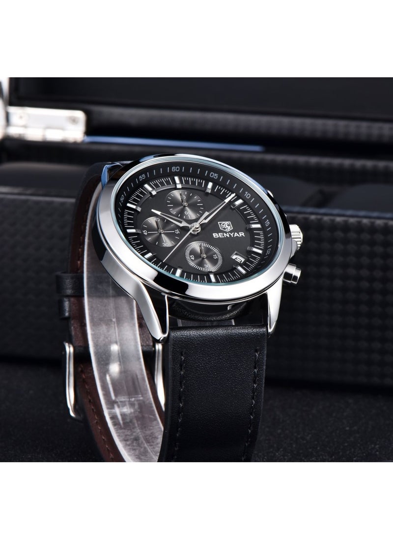 BENYAR Watches for Men Luxury Quartz Water Resistant Watch Men's Chronograph Genuine Leather Strap 5210 Black  - Image 5