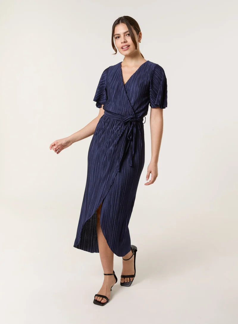 Blue Vanilla Plisse Wrap Over Midi Dress