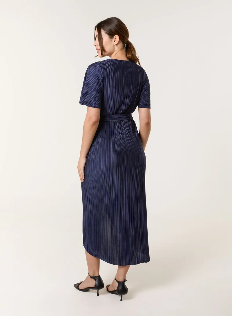 Blue Vanilla Plisse Wrap Over Midi Dress