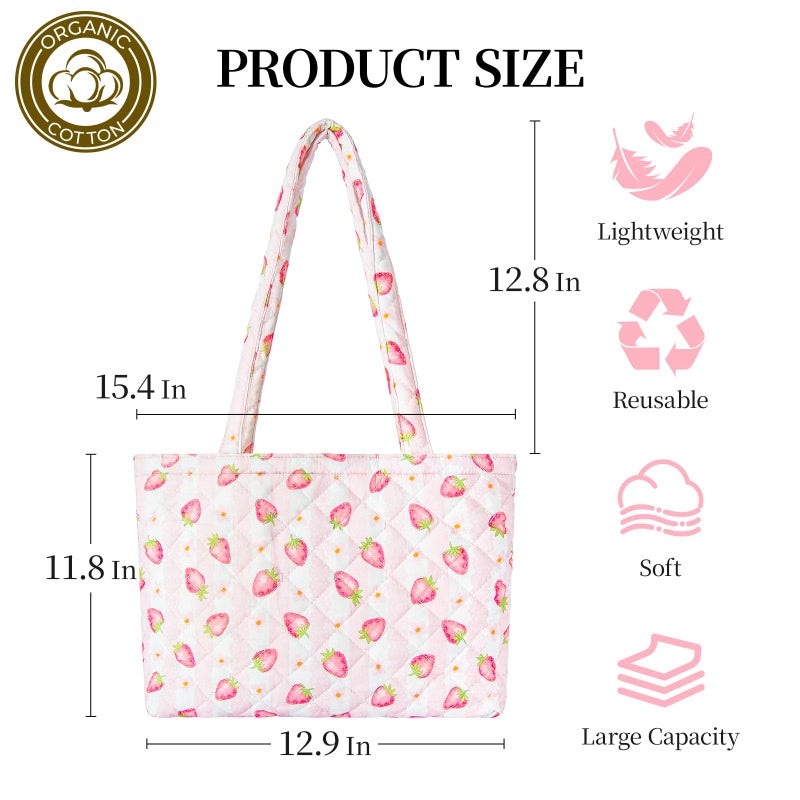 shiprabags Quilted Small Tote Bag for Women, Lightweight Floral Shoulder Bag,Soft College Travel Work Bag Everyday Purse (Strawberry, M) - Image 4